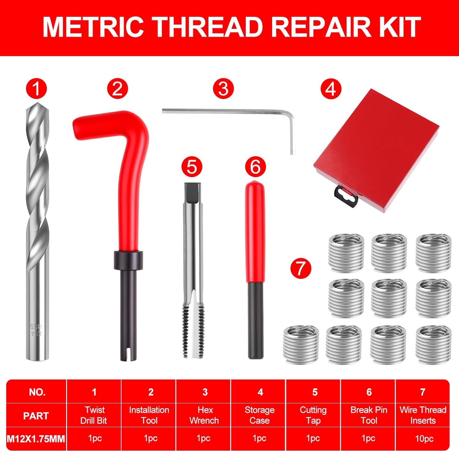 Metric Thread Repair Insert Kit, M12x1.75mm helicoil Thread Repair kit with HSS Drill Bits, Rethreading Inserts Tool Set for Damaged Thread Repairing with Carry Case