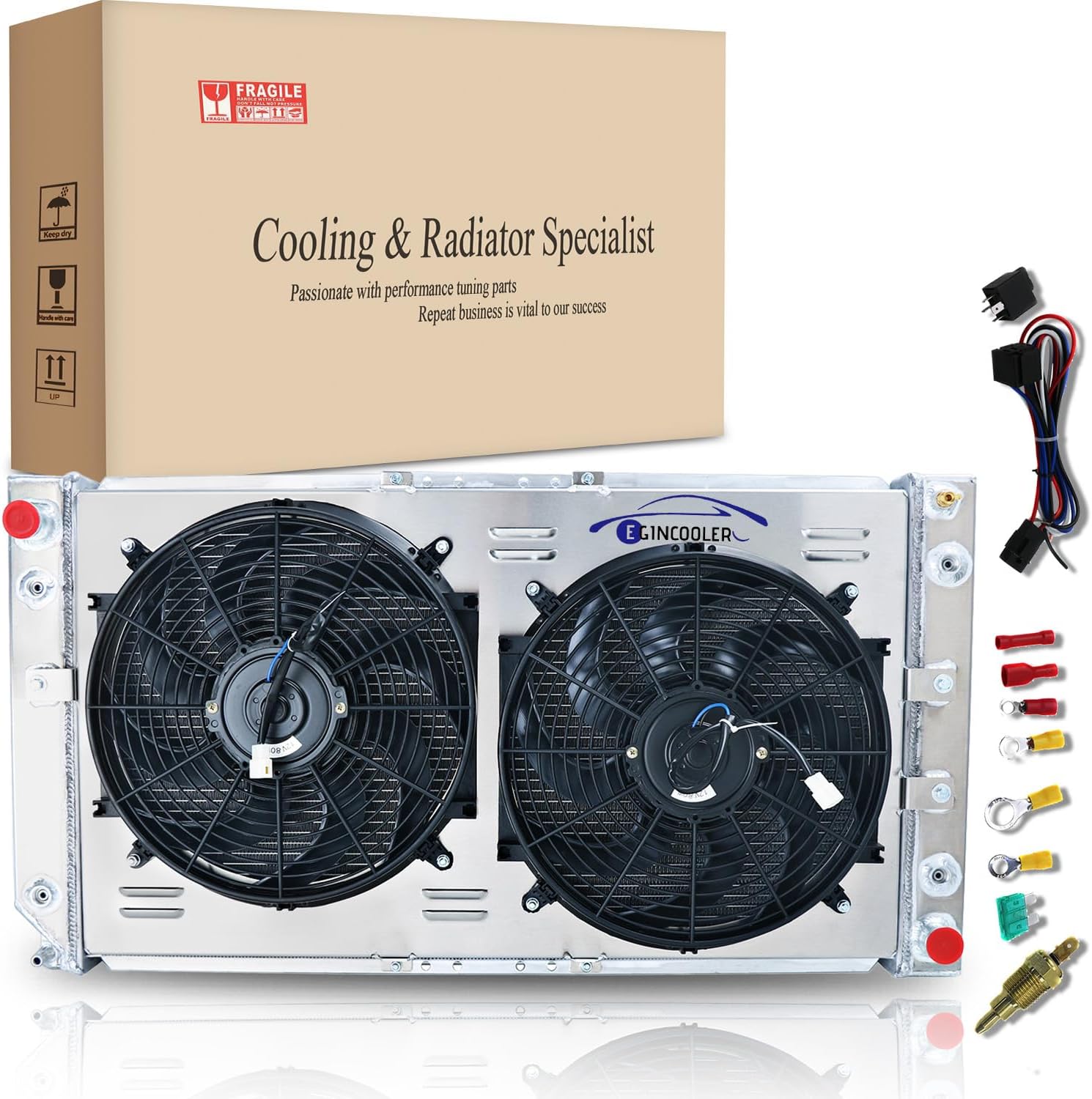 4 Row Core Radiator for 1994-1996 1995 Chevy Caprice Impala Buick Roadmaster 5.7L All Aluminum Radiator with Shroud Fan and Relay