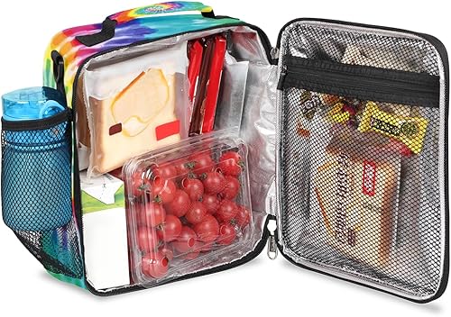 Miniatura 4 de TropicalLife Fiambreras para niños, bolsa de almuerzo aislada para niños con correa de hombro ajustable, colorida lonchera escolar de teñido anudado