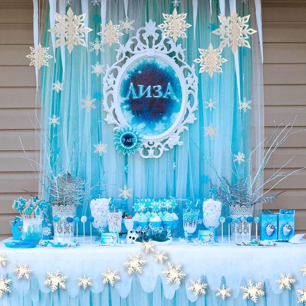 Snowflake Garland Kit, 24pcs 3D Christmas Snowflake Garland Flags & 6pcs Large 3D Hanging Paper Snowflake Decorations & 12pcs Snowflake Sticker for Wedding/Frozen/New Year Party Decorations (White)