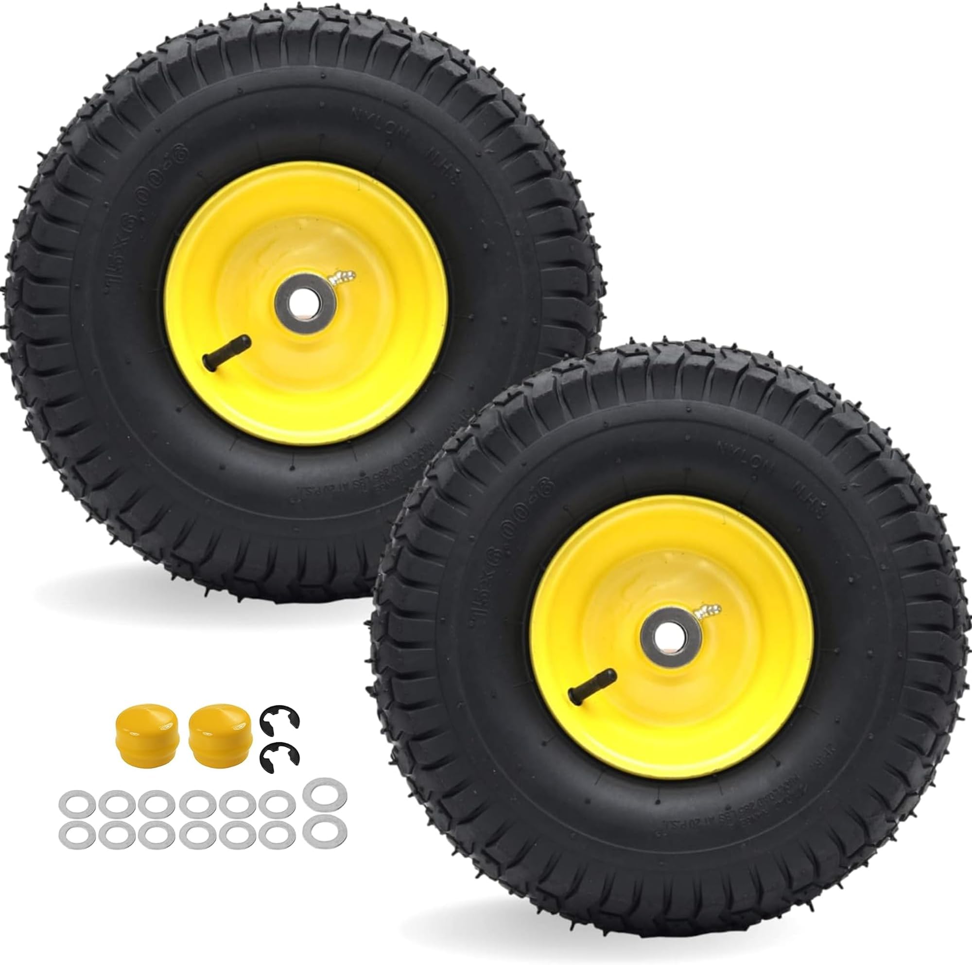 15x6.00-6 Front Tire and Wheel, Compatible with John Deere 100/D100 | 3" Centered Hub, 3/4" Bushings, 4-Ply Pneumatic Tire, Riding Mower Front Wheel Assembly, Exact Replacement, 2-Pack