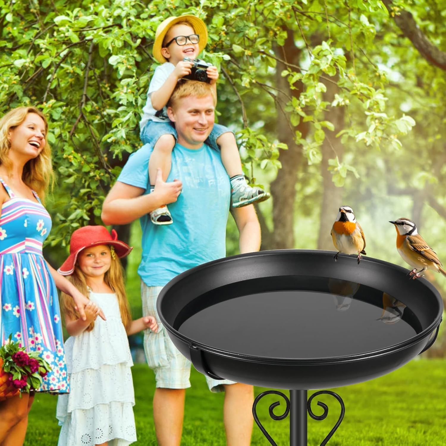 Abbeveratoio per Uccelli in Metallo con Supporto,Nero | Base migliorata a 5 bracci, vaschetta rimovibile da 12 pollici, facile da pulire,esterni giardino,terrazza,cortile e prato