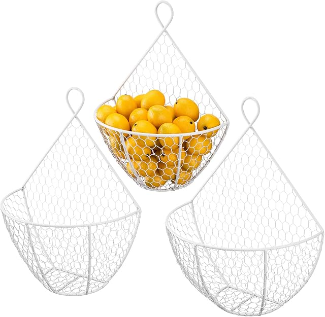 MyGift Country Rustic White Metal Chicken Wire Wall Hanging Fruit Basket Vegetables and Produce Bin, Set of 3