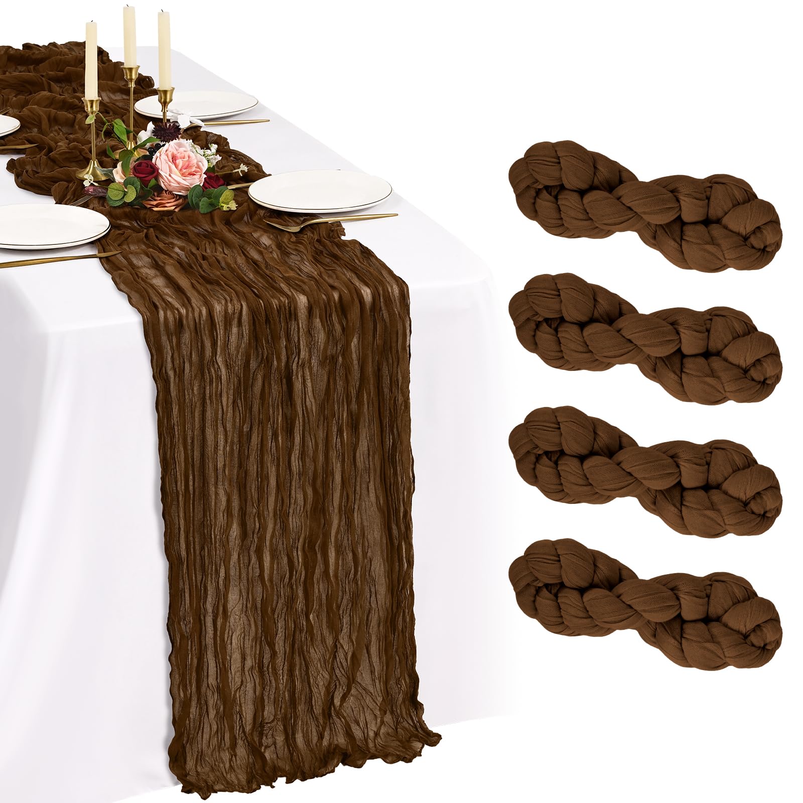 Showgeous 4 Pack Brown Cheesecloth Table Runner 10FT Boho Gauze Cheese Cloth Table Runners 35 x 120 inch Romantic Rustic Sheer Table Decorations for Wedding Party Baby Shower Birthday Holiday