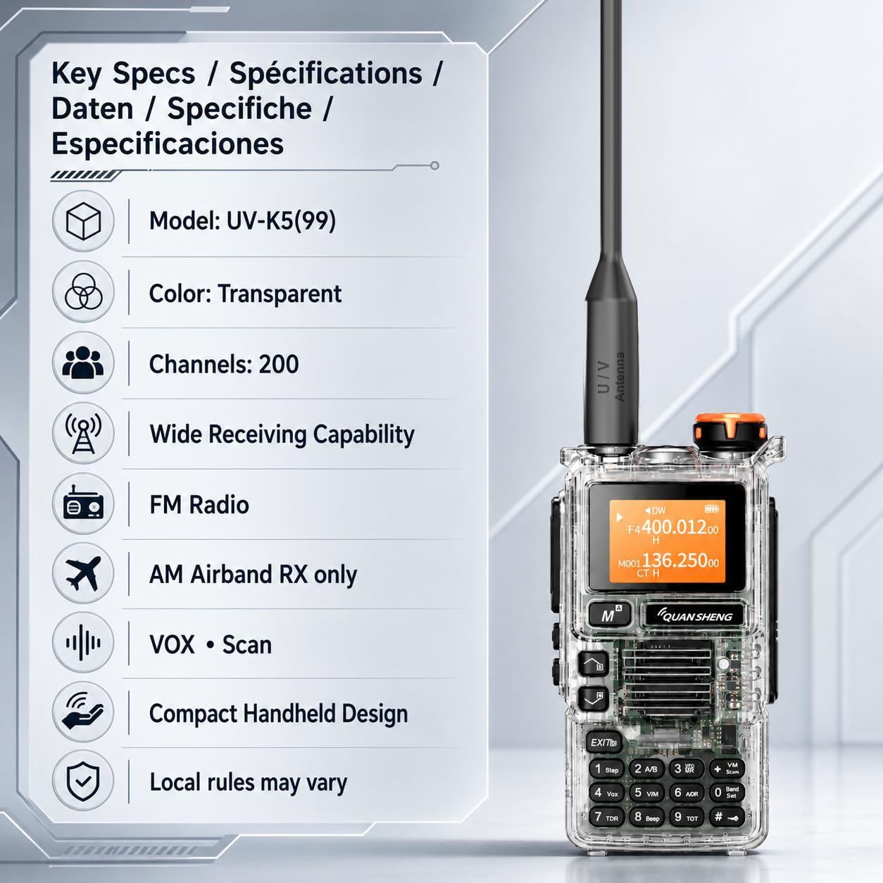 QUANSHENG UV-K5(99) Radio Ricetrasmittente Trasparente, 200 Canali, VOX, Scansione, FM, Display LCD, Batteria Li-Ion, Campeggio e Lavoro