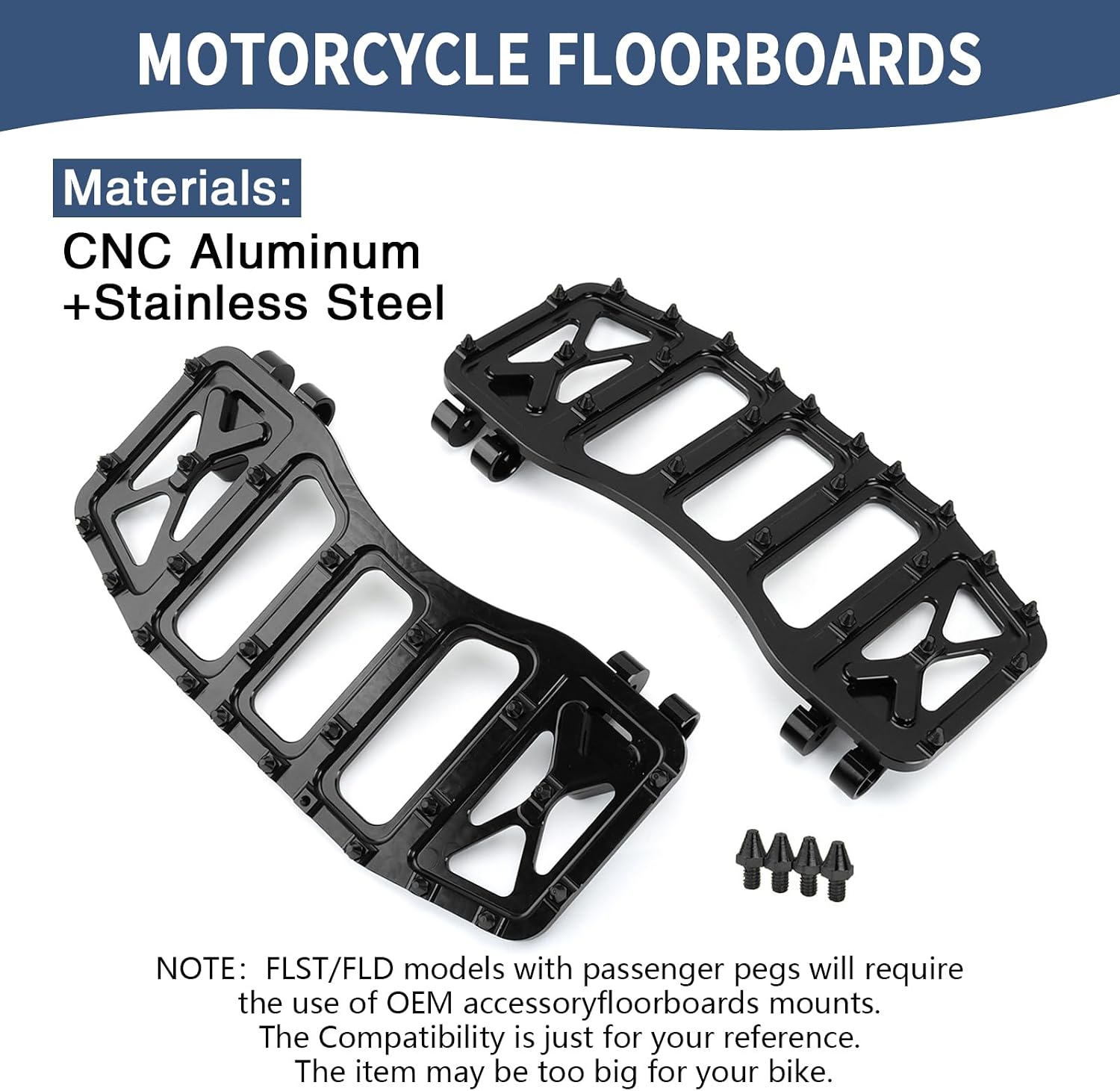 Motorcycle Mini Floorboards MX Wide Foot Pegs Spike for 86-Later Touring Road Glide Street Glide Road King Electra Glide Trike 12-16 Dyna FLD 86-17 Softail Breakout Fat Boy (Black)