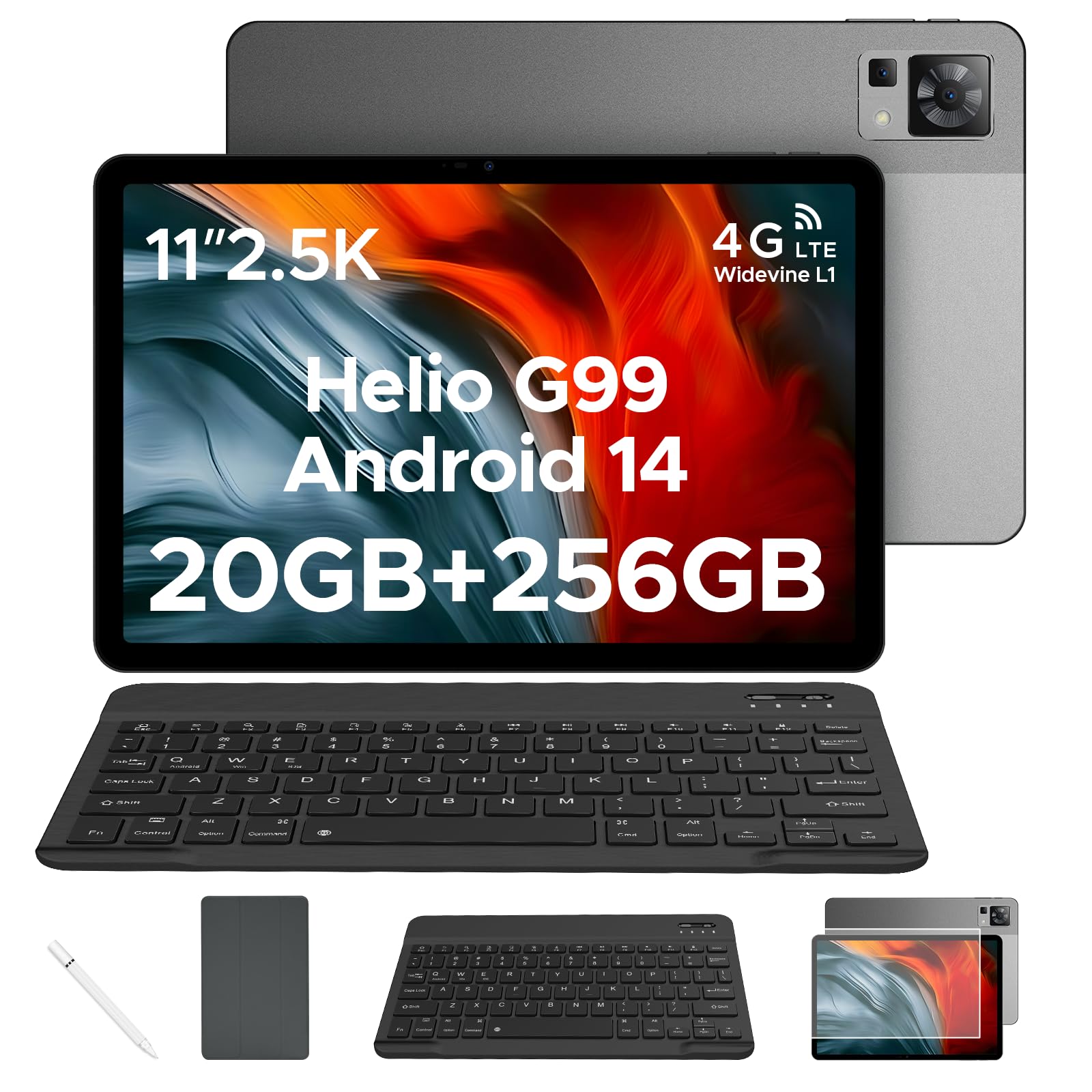 DOOGEE T35 2024 Newest Tablet 11'' Android 14 20GB+256GB/2TB TF Helio G99, 2.5K Display, 8580mAh/33W, 4G-LTE Android Tablets, Bluetooth 5.0+2.4G/5G WiFi Tablets, Tablet with Keyboard, Pen, Case-Grey
