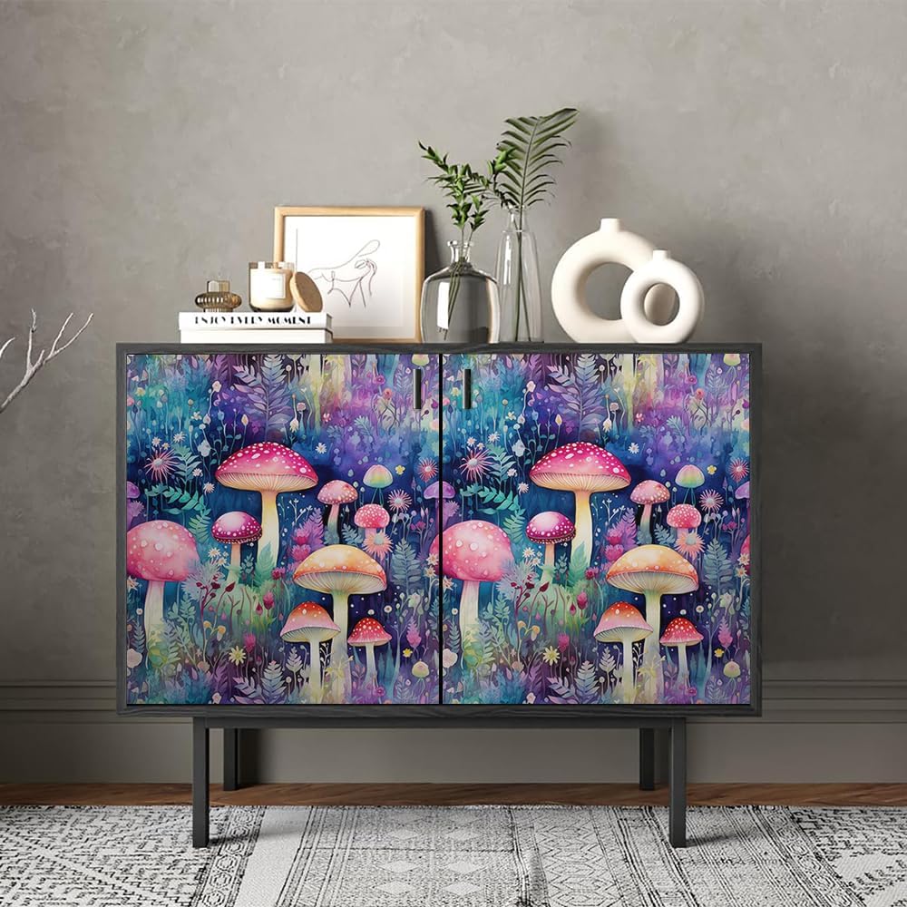 REDAMANCY 17.7"x236" Dreamy Colorful Mushroom Herb Peel and Stick Wallpaper Modern Cute Wall Paper Stick on Contact Paper Easy Peel Off for Bedroom nightstand Drawer Renter Friendly