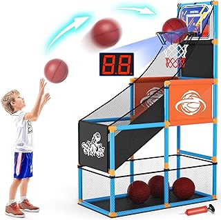 Juego de baloncesto arcade con marcador electrónico y luz LED: juegos de carnaval, juguetes para niños, aro de baloncesto para interiores y exteriores, con 4 bolas y bomba de aire, regalo