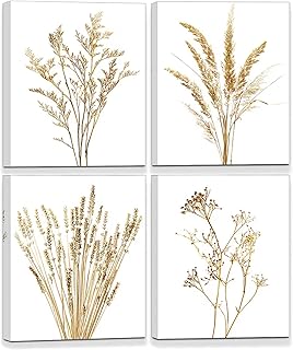 Botanical Boho Wall Art Modern Bathroom Decor Golden Yellow Plant Wall Art Prints Beige Room Aesthetic Nature Kitchen Living Room Bedroom Decor Home Decor Framed Ready to Hang(8"x10"x4pcs)