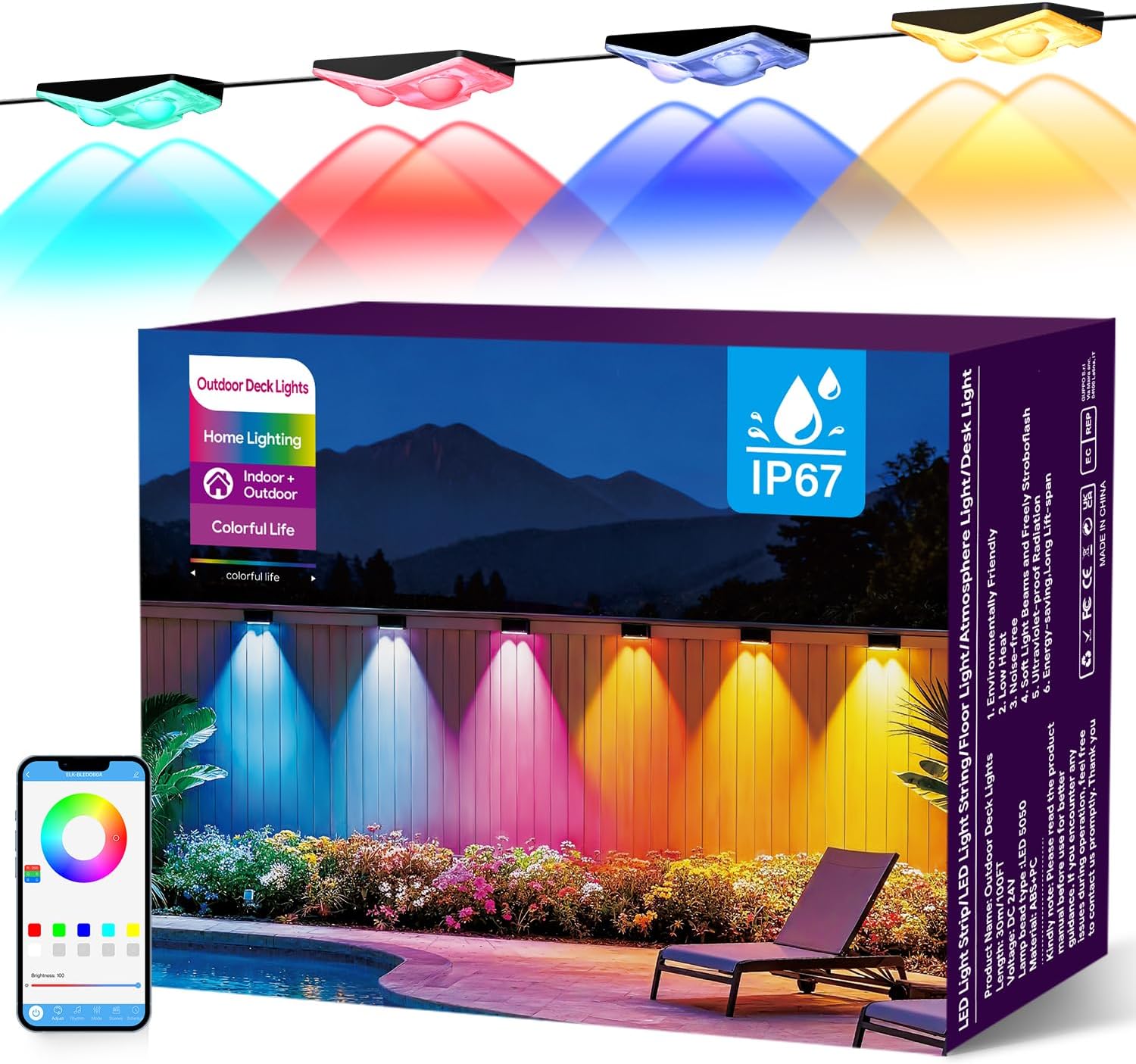 Outdoor Fence Lights, RGB+IC Smart Fence Lighting, 50FT LED Lights with App & Remote Control, 100 Scene Modes, IP67 Waterproof, Timer for Deck, Backyard, Wall, Holiday Decor