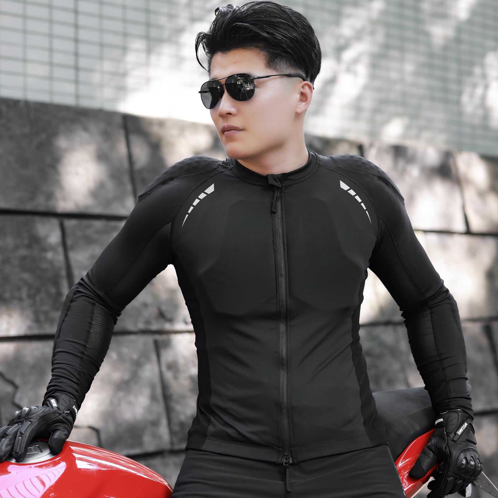 Giacca moto uomo corazzata, camicia protettiva moto 7 protezioni rimovibili cerniera YKK doppio cursore mesh traspirante leggero riflettente, top biker running palestra sicurezza