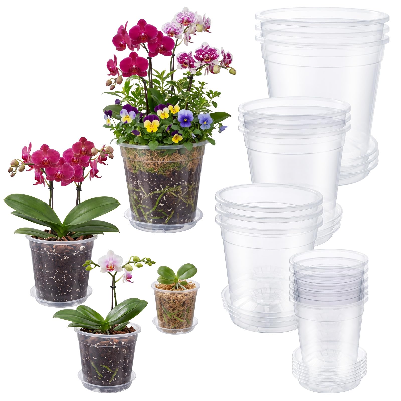 KATIMI Lot de 15 pots à orchidées avec drainage, 11 cm/15 cm/17 cm/21 cm, pots de fleurs transparents épais avec drainage, pots de fleurs en plastique transparent, pots à orchidées durables pour
