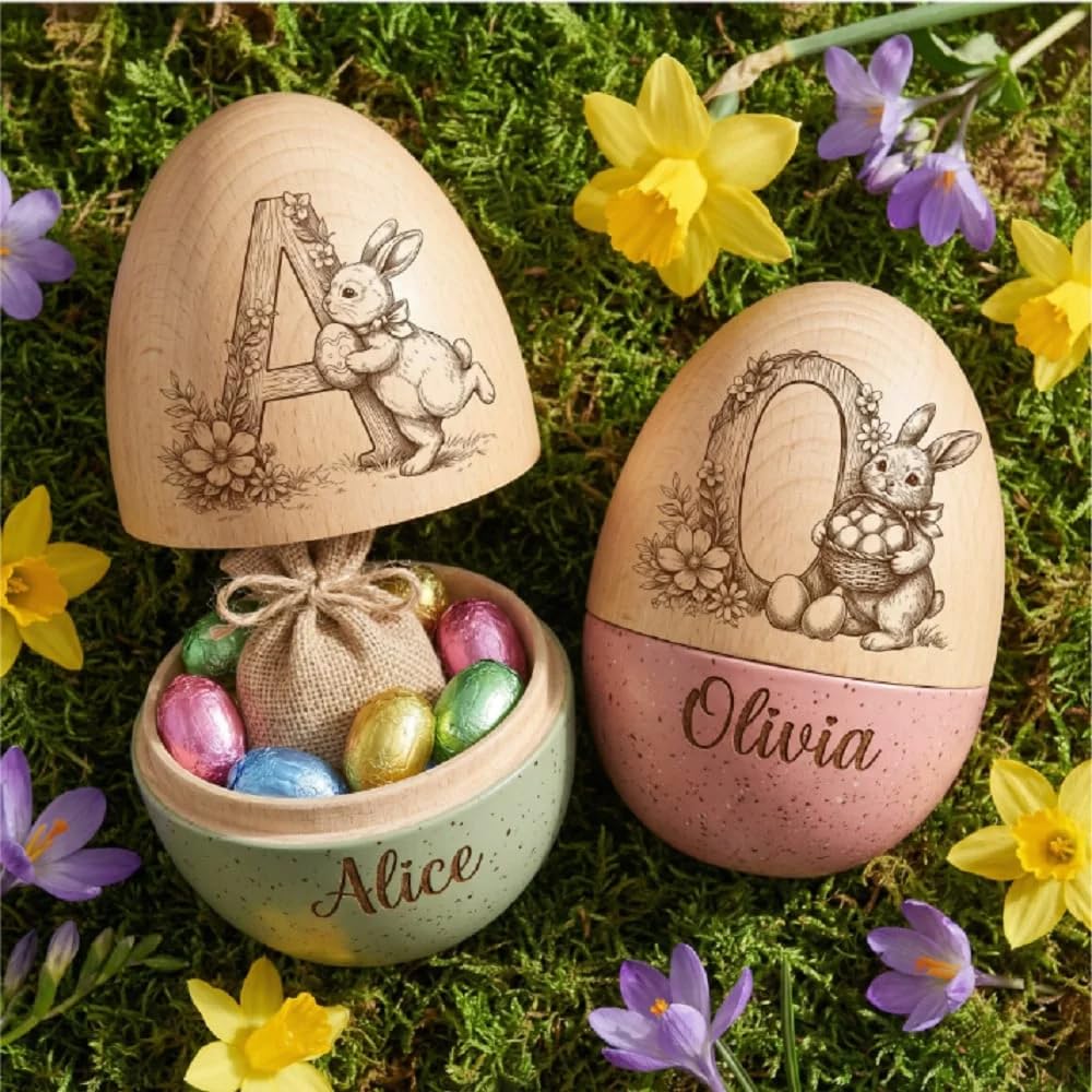 Personalized Bunny Floral Wooden Easter Egg with Name and Initial, Reusable Large Hollow Speckled Easter Keepsake, Basket Filler, Easter Gift for Kids — view 2