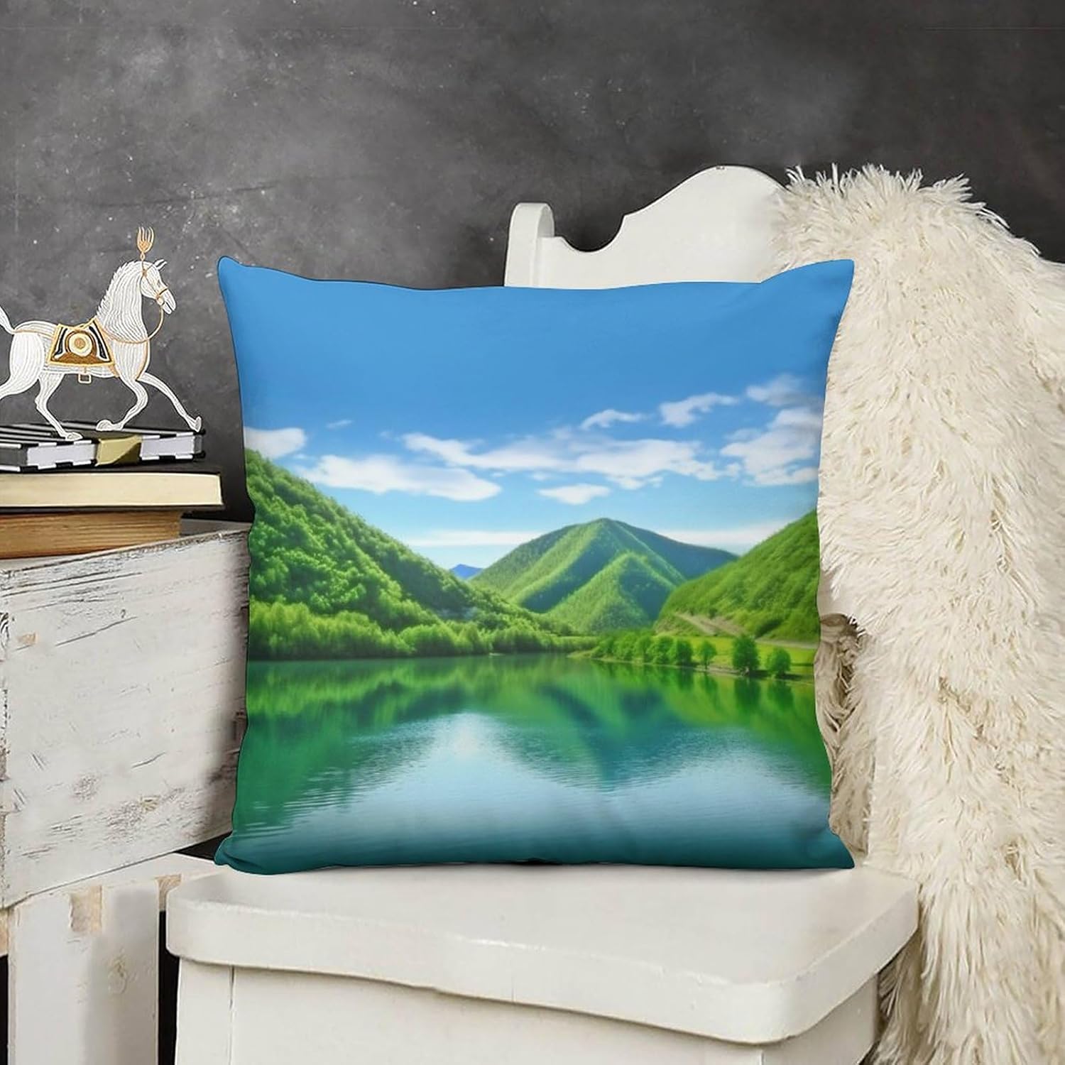 Zippered Pillow Cover, Pillow Protector, Green Hills and Water Printed Pillow Cover of 4, Pillow Not Included