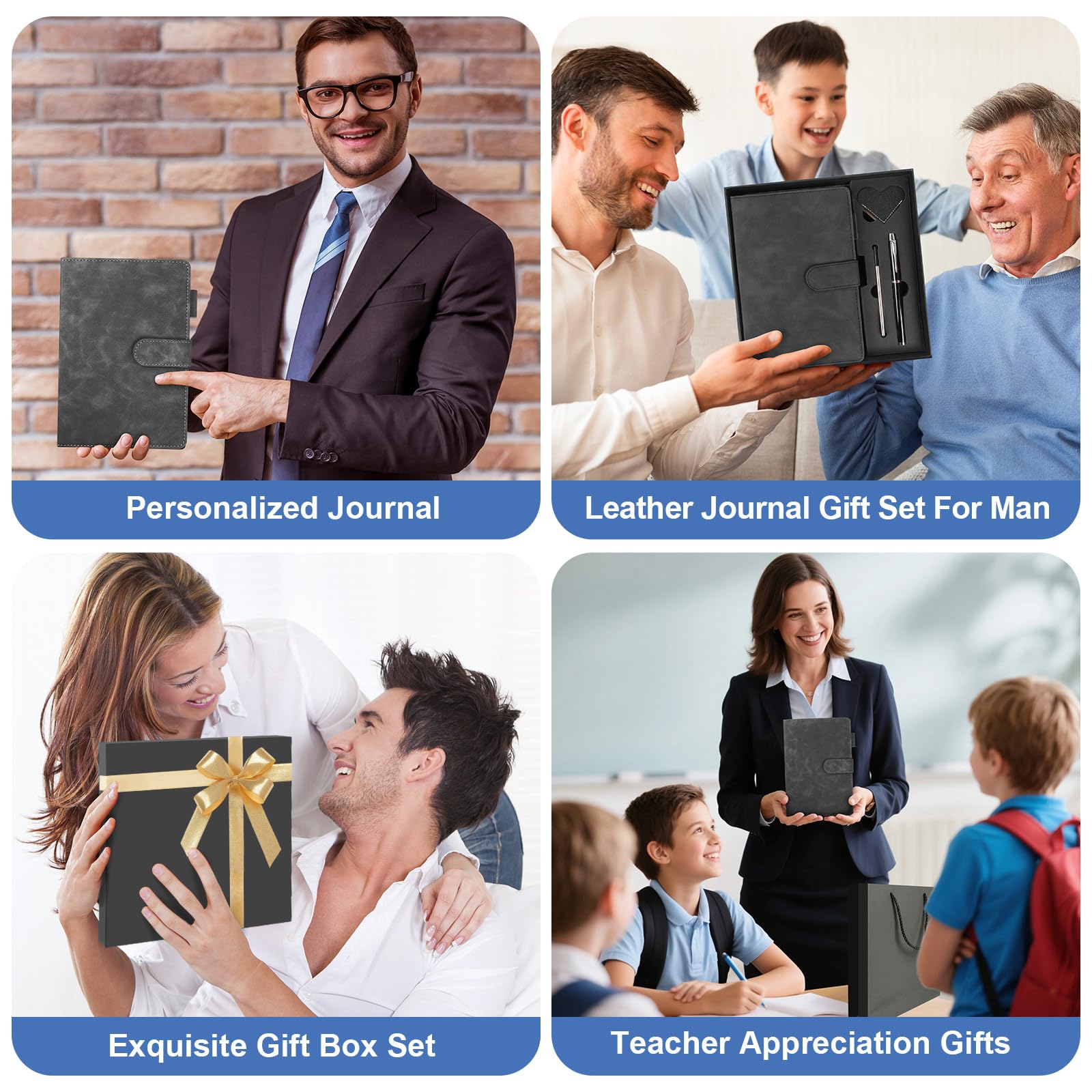 Leder-Notizbuch-Geschenkset, A5, Hardcover-Tagebuch mit Stift und 6 Herz-Lesezeichen, Geschenkbox + Tasche (schwarz)