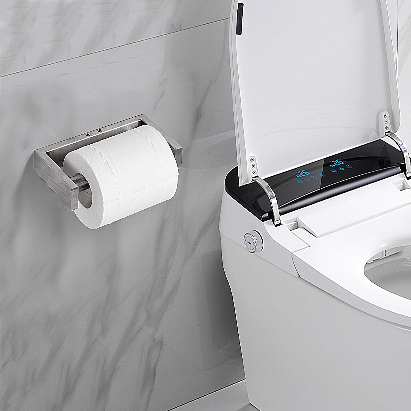 YUET Porta Carta Igienica Con Ripiano Portaoggetti, Acciaio Inox SUS304, Montaggio A Parete O Autoadesivo, Design Moderno Per Bagno, Argento Spazzolato - 3