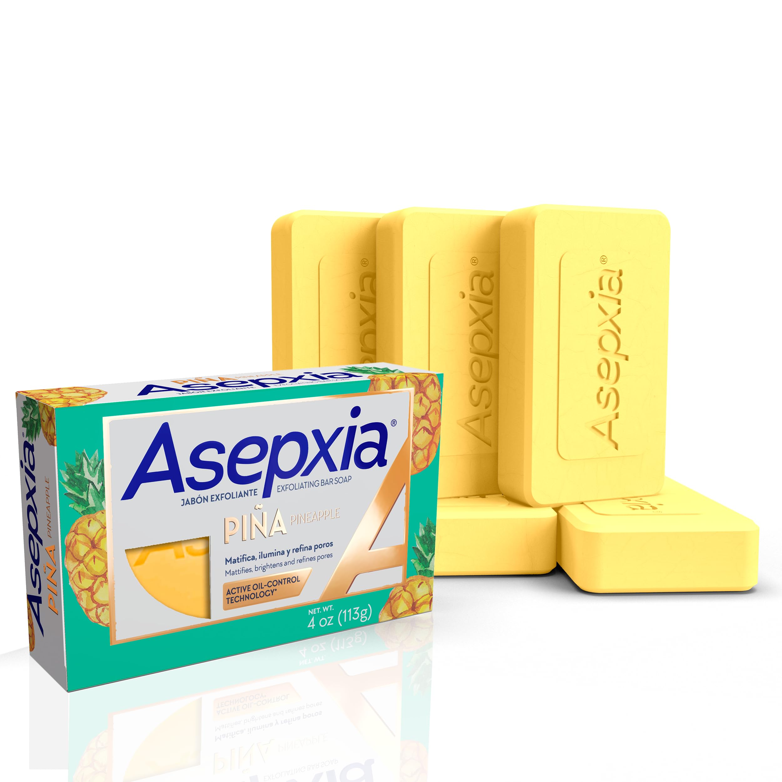 Asepxia Bar Soap, Non-Abrasive Exfoliating Facial Cleanser with Natural Pineapple Enzyme & Agave Extract, Pore Purifying & Brightening Face Wash for Oily Skin, 4 oz. - 5 Pack