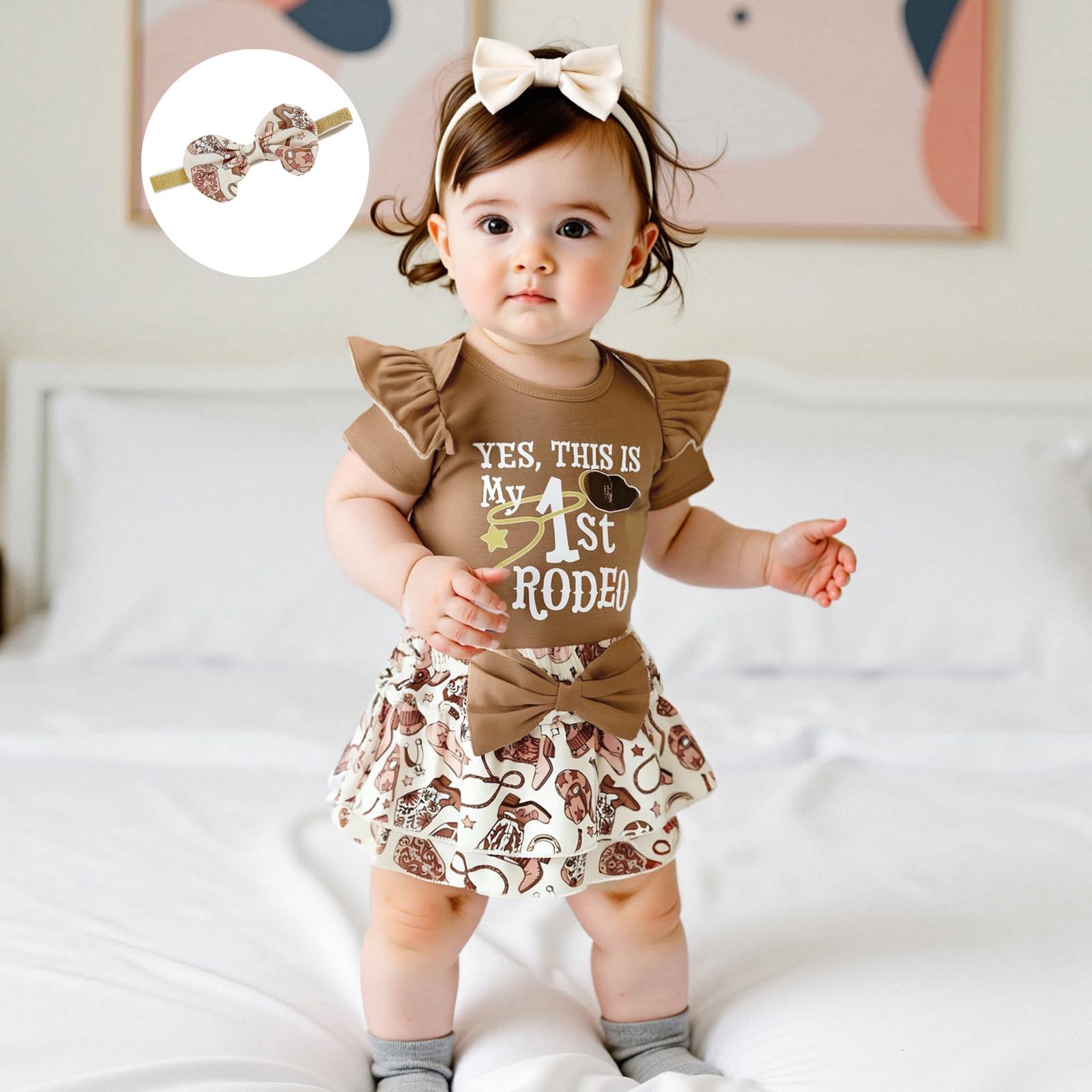 Lamuusaa Western Baby Girl Clothes My First Rodeo Romper Onesie Ruffle Layered Shorts Headband 3Pcs Summer Clothes (Khaki, 3-6 Months)