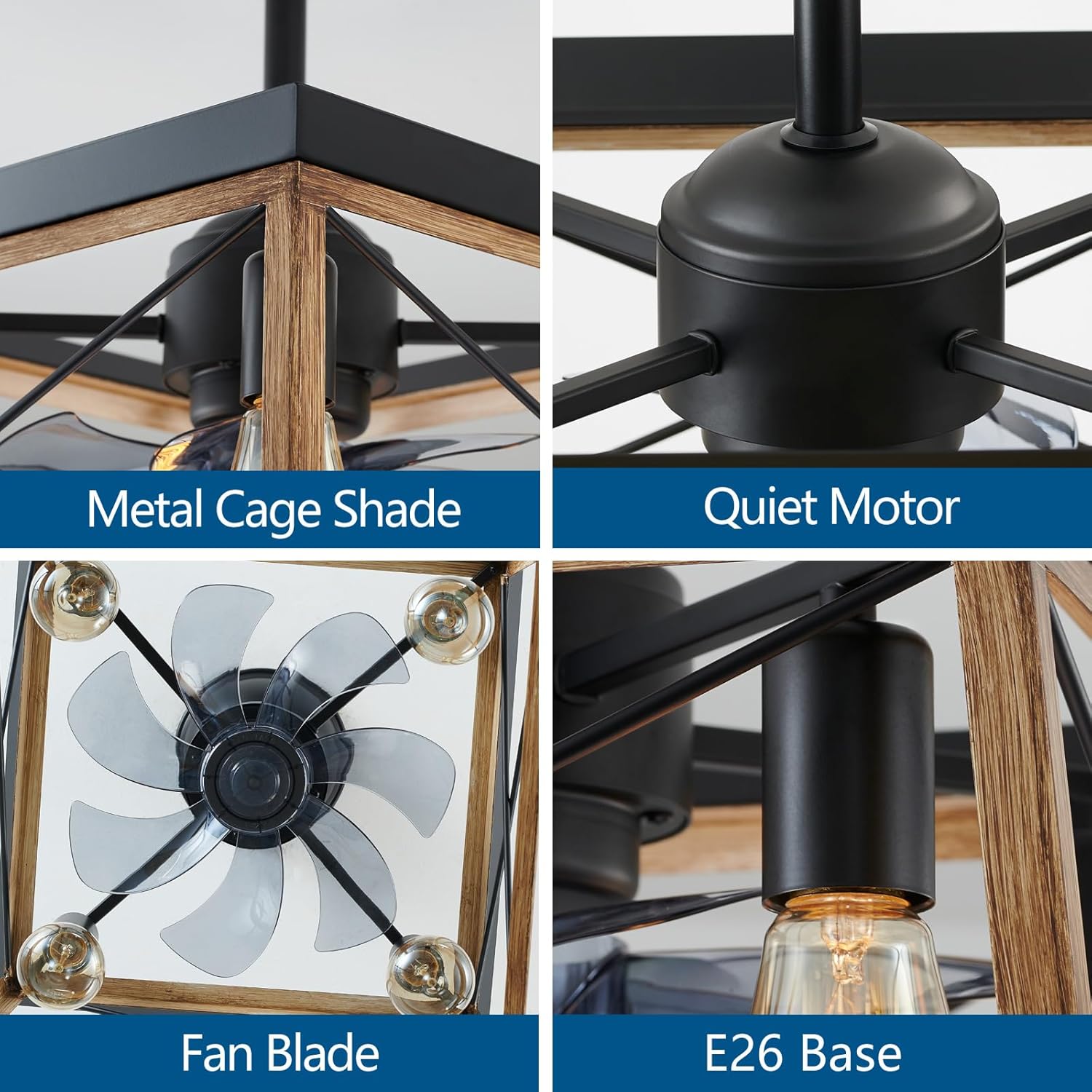 HuixuTe Ceiling Fan with Lights Remote Control, 6 Speeds Walnut Colored Farmhouse Industrial Ceiling Fan, Caged Ceiling Fan with Light for Bedroom Living Room Kitchen