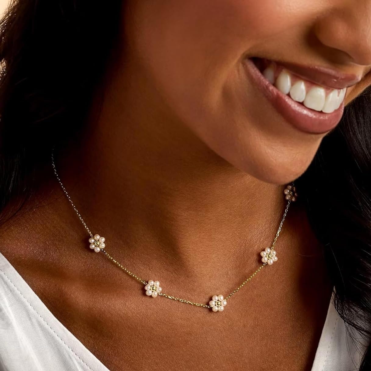 Daisy Flower Choker Necklace 14K Gold Plated Beaded Pearl Choker for Women Jewelry Gifts - Image 2