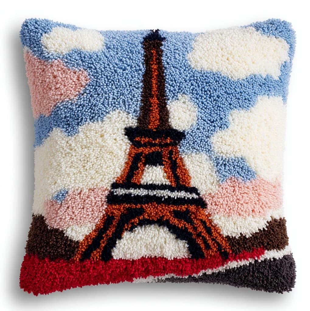 Wallustrioaw Latch Hook Kit Cushion Latch Hook Kit,Eiffel Tower,Sofa Cushion Cover Embroidery Craft For Adults And Beginners,17X17in