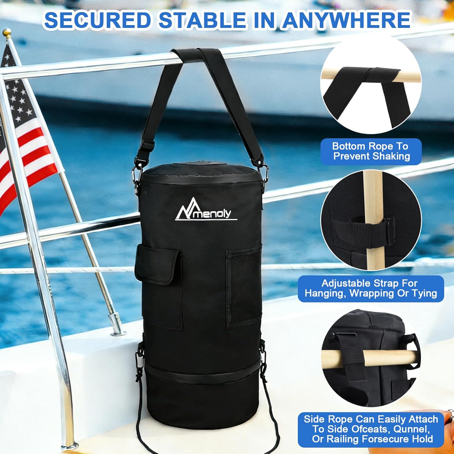 MENOLY Boat Trash Can, 100% Odor & Leak Prooft, 900D Oxford Cloth Waterproof Portable Trash Can，Reusable Trash Bag, Garbage Bag Snaps Inside, Pontoon Boat Accessories Storage Fishing, Sandbar, Camping