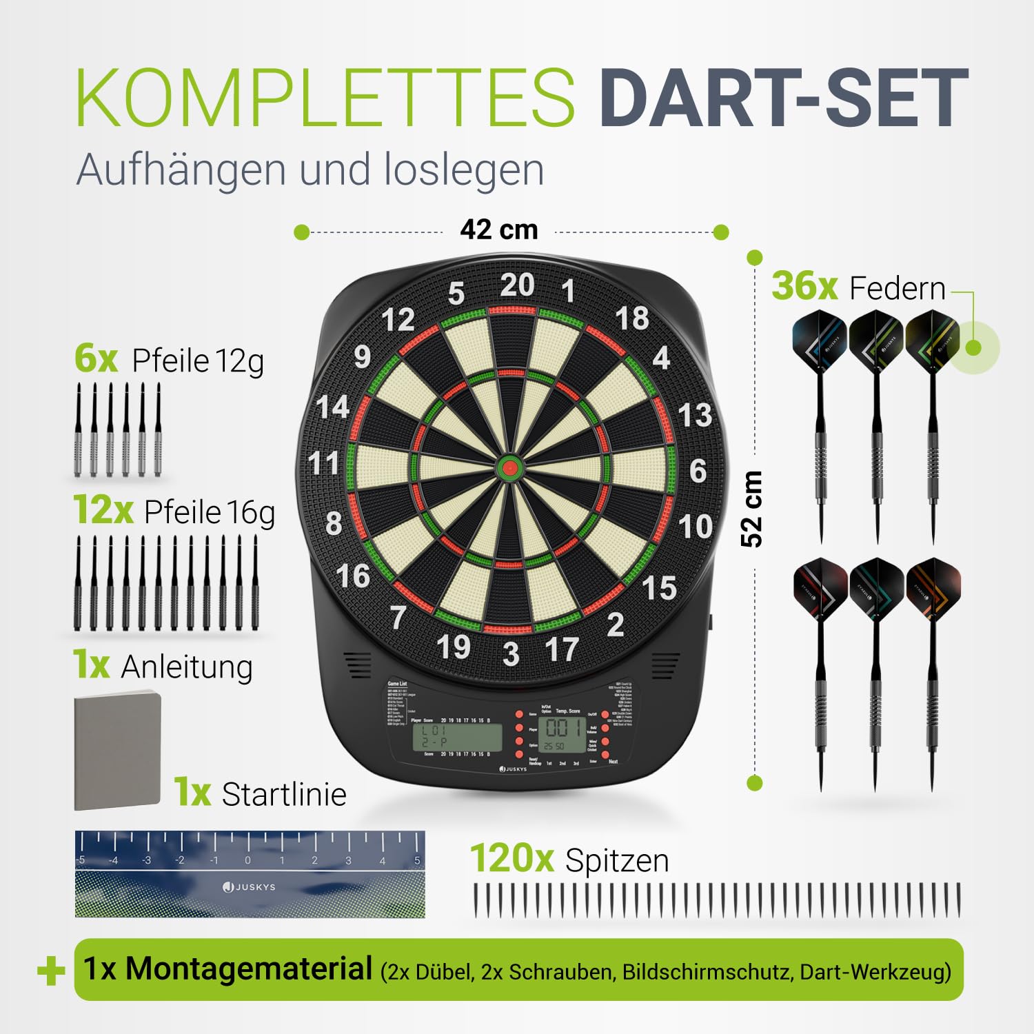 Juskys Elektronische Dartscheibe mit 32 Spielen & 359 Varianten, LCD-Display, USB-C, Pfeile & Zubehör, für bis zu 8 Spieler, Netz- & Batteriebetrieb