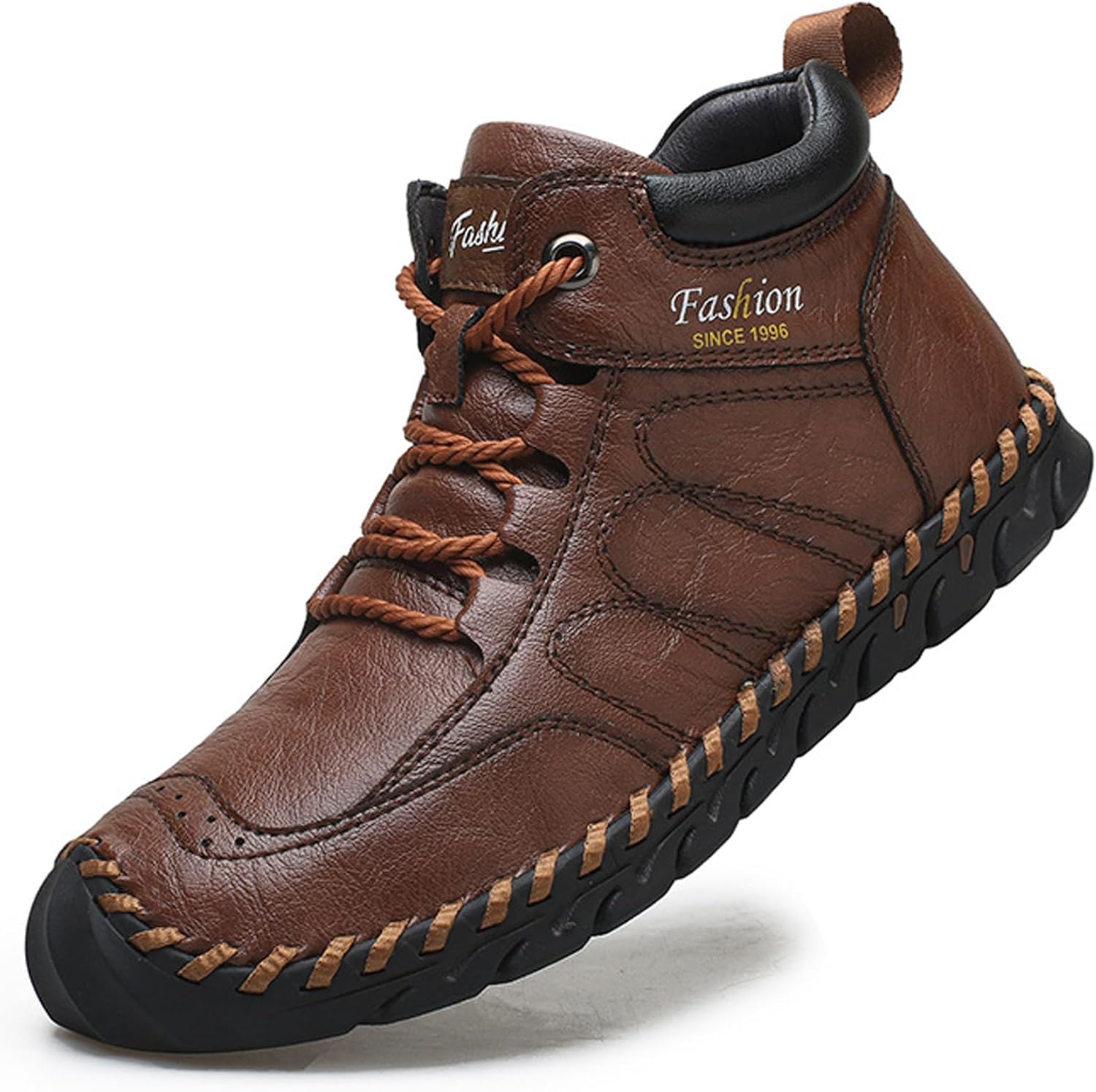 Men'S Handmade Leather Casual Chukka Boots Classic Round Toe With Adjustable Lace-Up Flats Arch Support Non-Slip Driving Walking Garden Work High-Top Ankle Boots With Cushioned Latex Insole