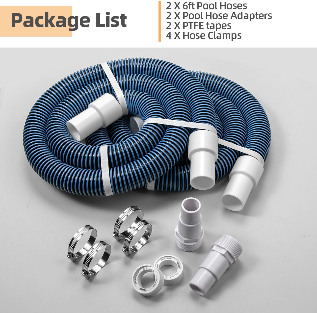 1.5" 6ft Pool Filter Pump Hose Kit for Above Ground Swimming Pools Vacuum Skimmer 1 1/2" Hose Replacement & 1 1/2 to 1 1/4 Pool Hose Adapter Fittings - 2 Pool Hoses, 2 Adapters, 4 Clamps, 2 PTFE Tapes
