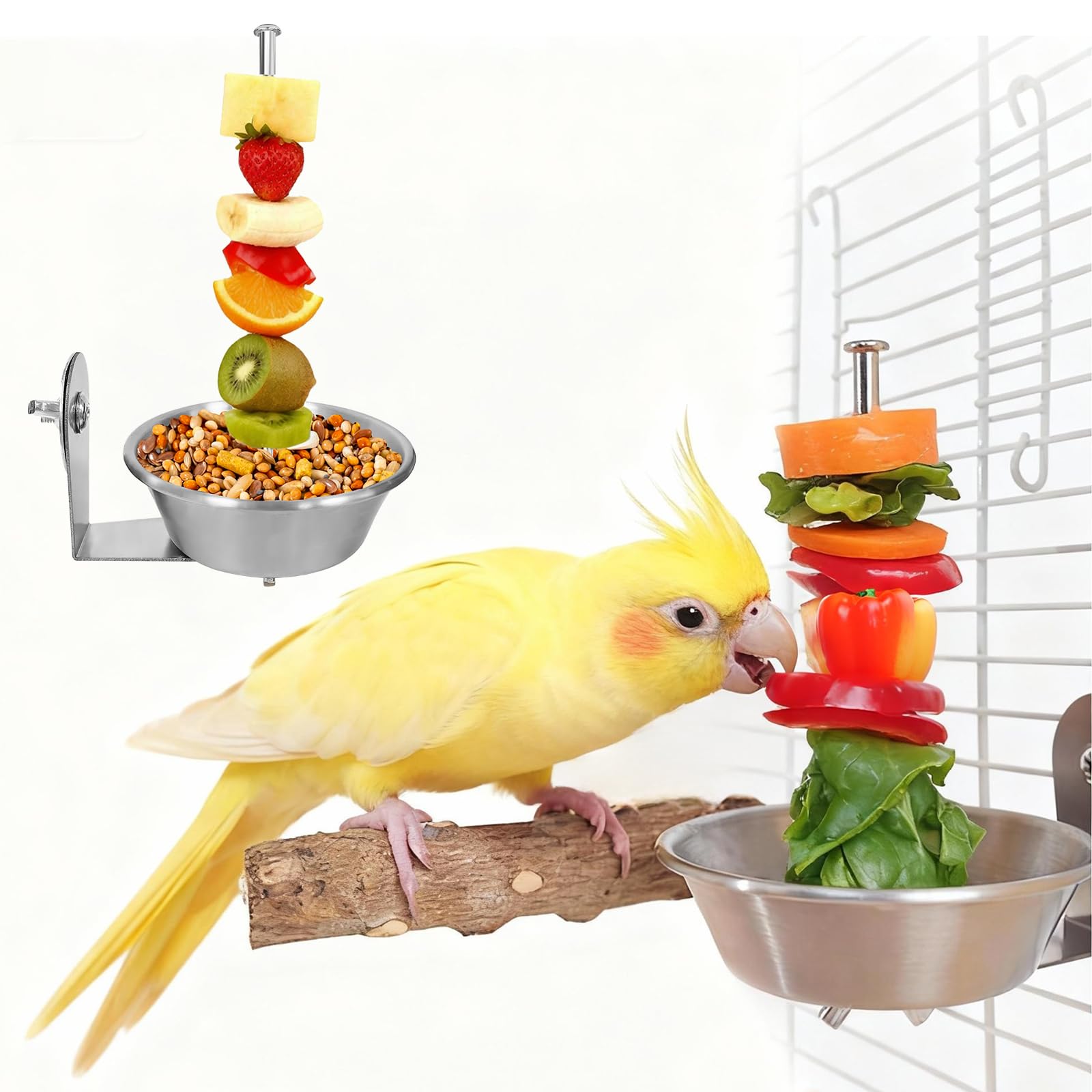 Set of 1 Bird Cage Feeder for Vegetable & Fruit, Parrot Fruit Holder with Dish Bowl Design to Keep Clean, No Mess Bird Food Veggies Skewer for Parakeets, Cockatiels, Lovebirds, Budgies, Conures