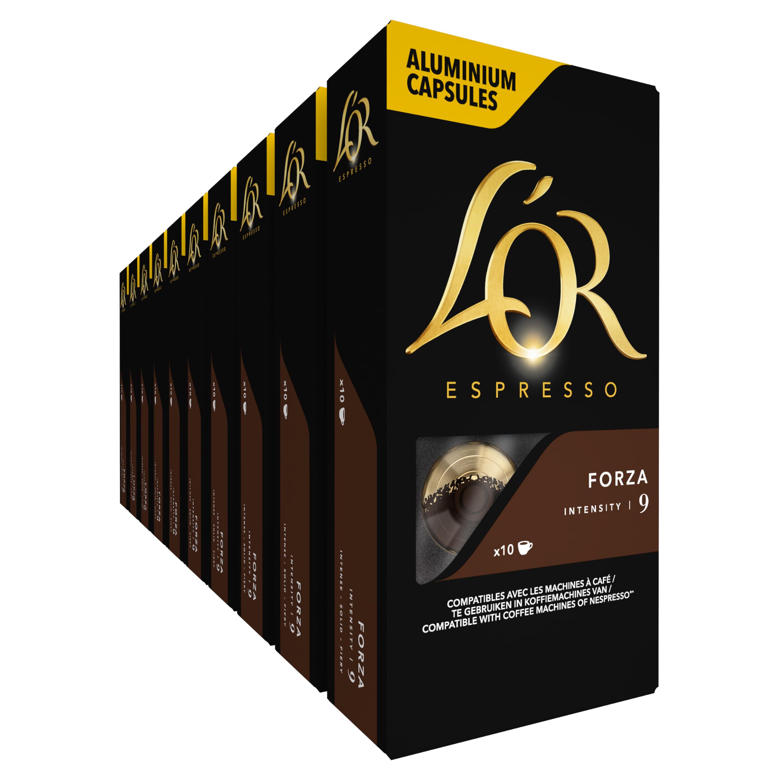 L'OR Espresso Forza filiżanki do kawy (100 kapsułek do kawy espresso, odpowiednie do ekspresów do kawy Nespresso*, intensywność 09/12, 100% kawa arabika, certyfikat UTZ), 10 x 10 filiżanek