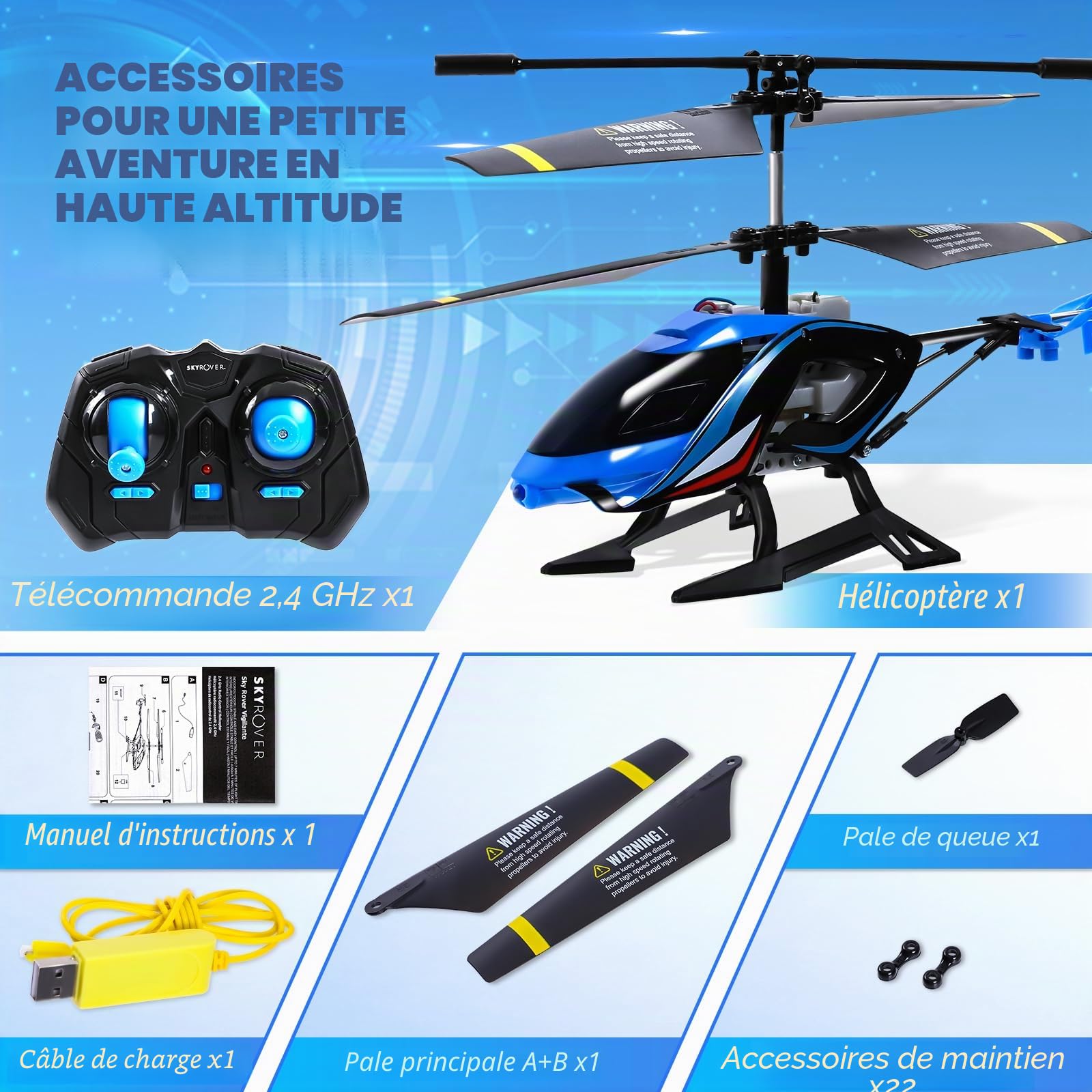 A Alpha Sky Rover Hélicoptère RC, 2.4G Avion télécommandé avec lumières LED, Hélicoptère télécommandé Jouet intérieur extérieur pour Enfants Garçons Filles 8 9 10 11 12 Ans, Bleu