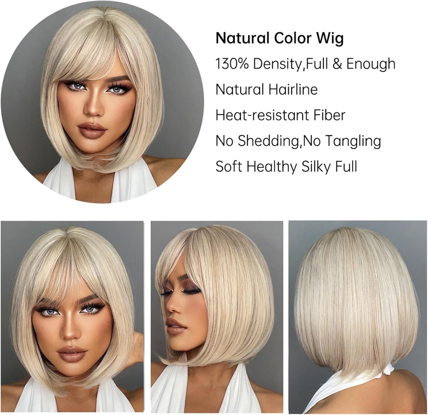 GRFIT Wigs White Blonde Gray Synthetic Wigs with Bangs Short Straight Bob Hair Wig for Women Cosplay Daily Natural Hair Heat Resistant Wigs Human Hair