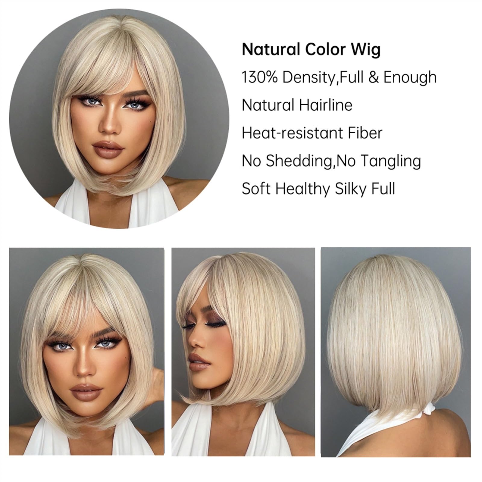 Realistyczne peruki Białe blond szare peruki syntetyczne z grzywką krótkie proste włosy bob peruka dla kobiet Cosplay codzienne naturalne odporne na ciepło Fryzura damska
