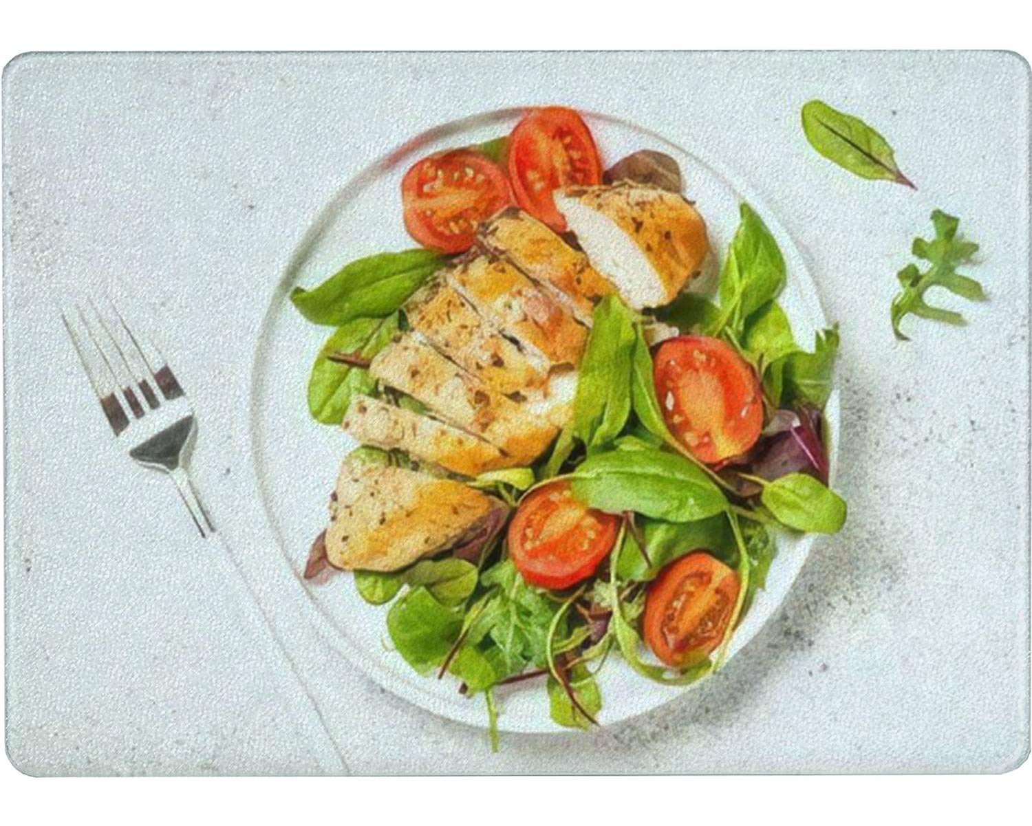 Tempered Glass Cutting Board Chicken fillet with salad Healthy food keto diet diet lunch concept Tableware Kitchen Decorative Cutting Board with Non-slip Legs, Serving Board, Large Size, 15" x 11"