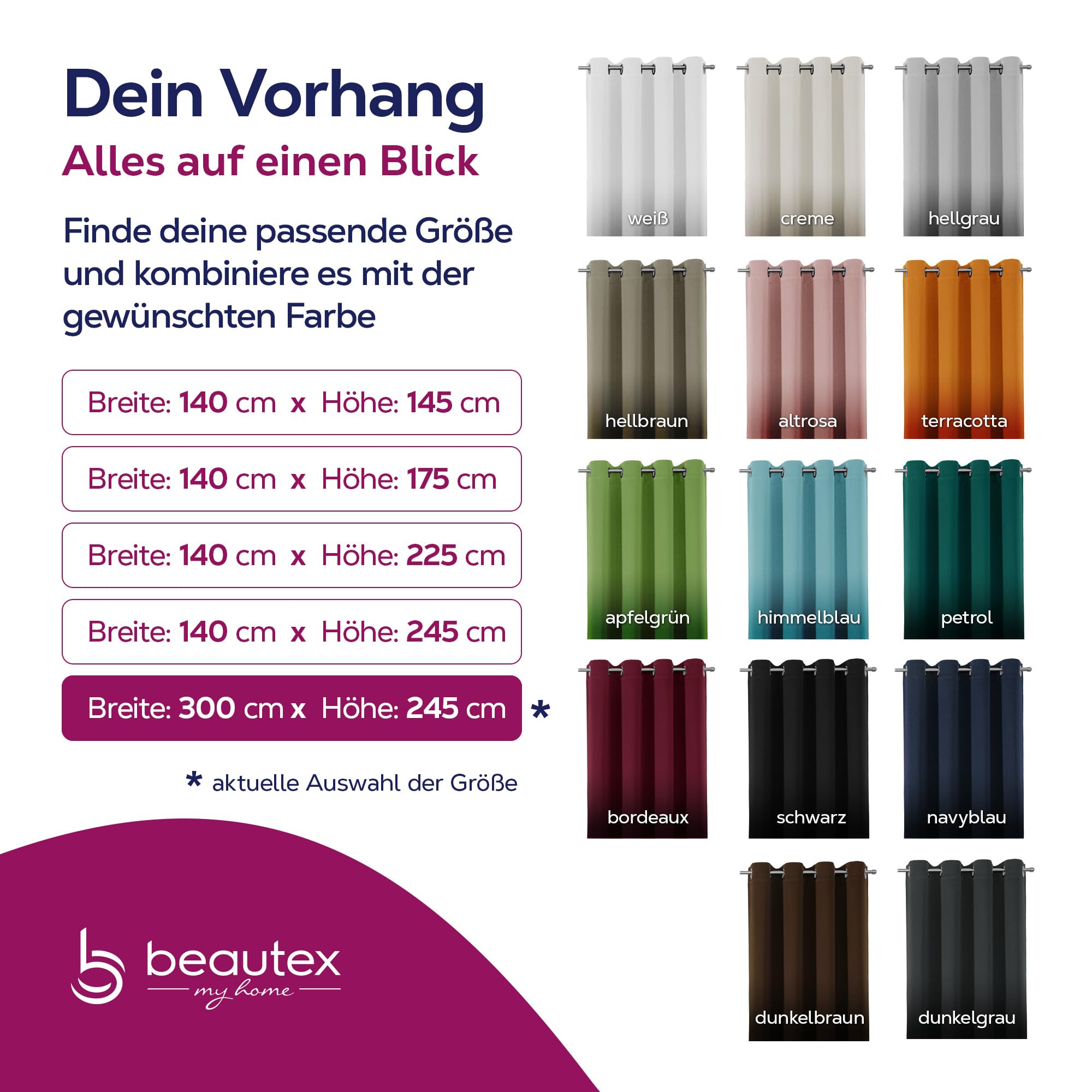 BEAUTEX Rideau occultant avec œillets, occultant, taille et couleur au choix (largeur 300 cm, hauteur 245 cm, blanc)