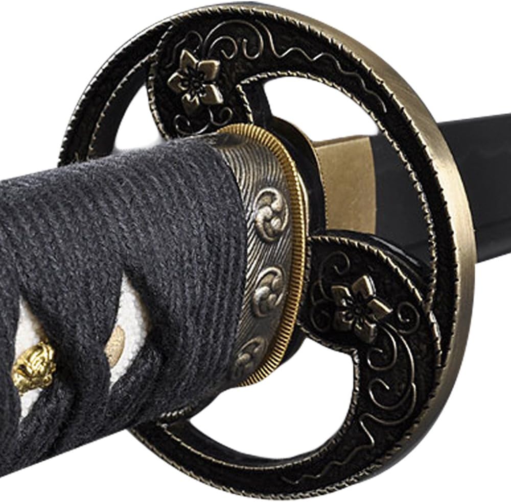 Handmade Sword - Japanese Samurai Katana Swords, Functional, Hand Forged, 1045 Carbon Steel, Heat Tempered, Full Tang, Sharp, Tomoe Crest Tsuba, Black Wooden Scabbard Painted Bright Flower Pattern