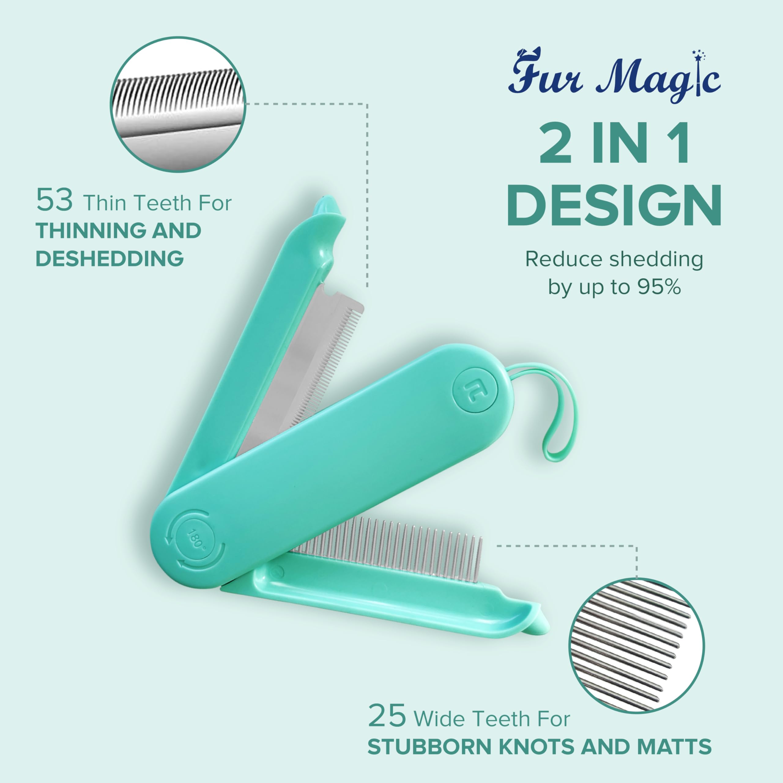 Fur Magic Deshedding and Dematting Comb, 2 Sided Foldable Pet Grooming Brush for Deshedding Mats and Tangles - Image 2