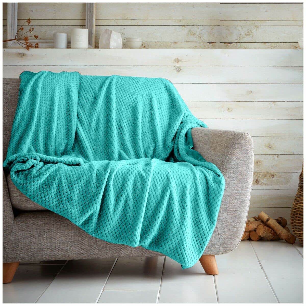 GC GAVENO CAVAILIA Popcorn Sofa Bed Blanket, Snuggle Waffle Throw, Fleece Blankets, Aqua, 150X200, (651314)
