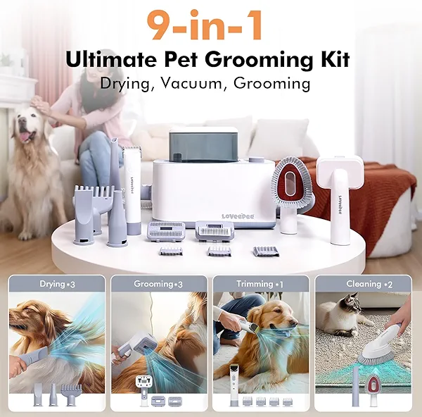 LOVEEPEE Dog Grooming Vacuum Kit, Dog Vacuum for Shedding Grooming Hair Dryer Kit, 9-in-1 Pet Brush Vacuum with Electric Pet Clippers, 21KPa Adjustable Speed & Temperature - 3L Dust Box