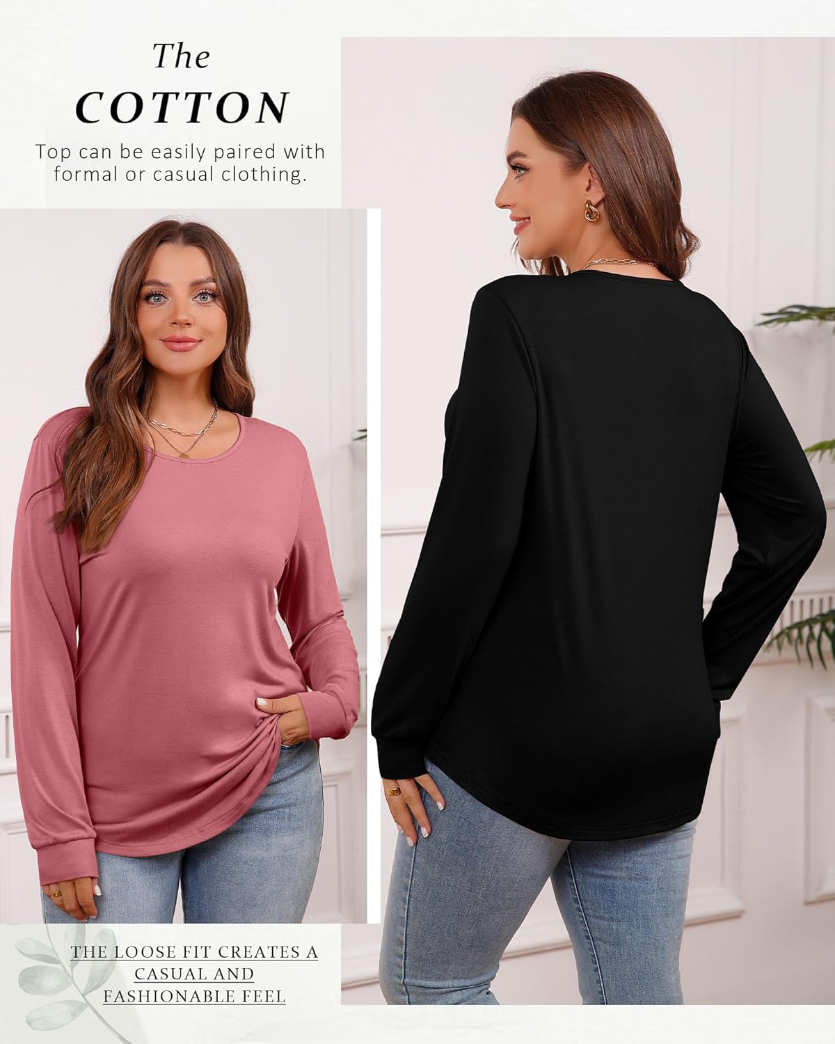 Huukeay 3 Pack Women Plus Size Long Sleeve Tops Loose Fit Tunic Shirts Crewneck Basic Tops Curved Hem Casual T Shirts - Image 2