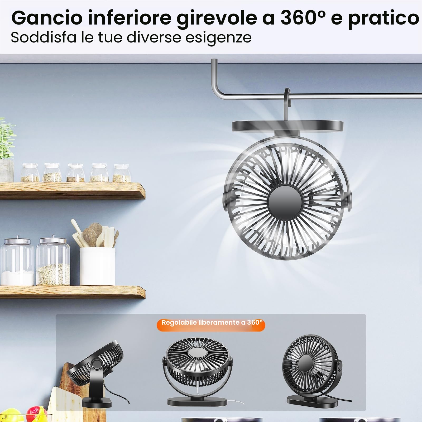 Ventilatore da Tavolo, 3 Velocità Ventilatore da Scrivania USB A con Gancio, 2.5W 360°Girevole Ventilatore Silenzioso, Mini Ventilatore Portatile per Ufficio, Cucina, Casa, Comodino, PC, Scrivania