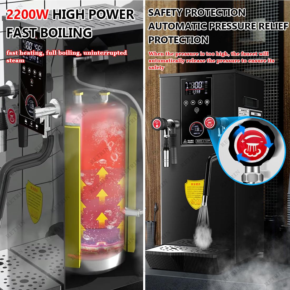 Komercyjny spieniacz do mleka parowego – automatyczny spieniacz do mleka 2200 W ze zbiornikiem 12 l, podwójne zawory 360°, wyświetlacz LED do kawiarni i sklepów z herbatą