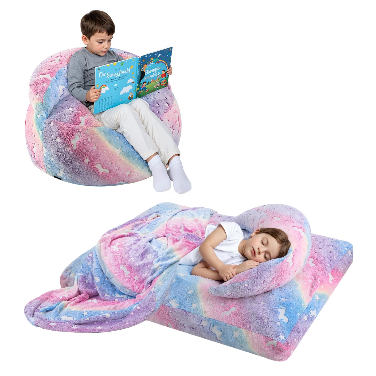Condition photo showing New/Like New for comax bean bag chair for kids, unicorn convertible toddler beanbag bed, children bean chair stuffed to floor mattress with filler, colorful rainbow