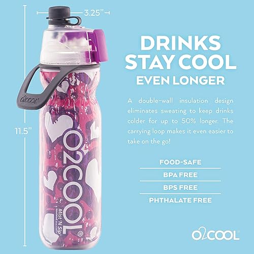 Miniatura 3 de O2COOL Mist 'N Sip botella de agua con vaporizador 2 en 1 con función de rociar y beber sin fugas con tapa de extracción (corazones)