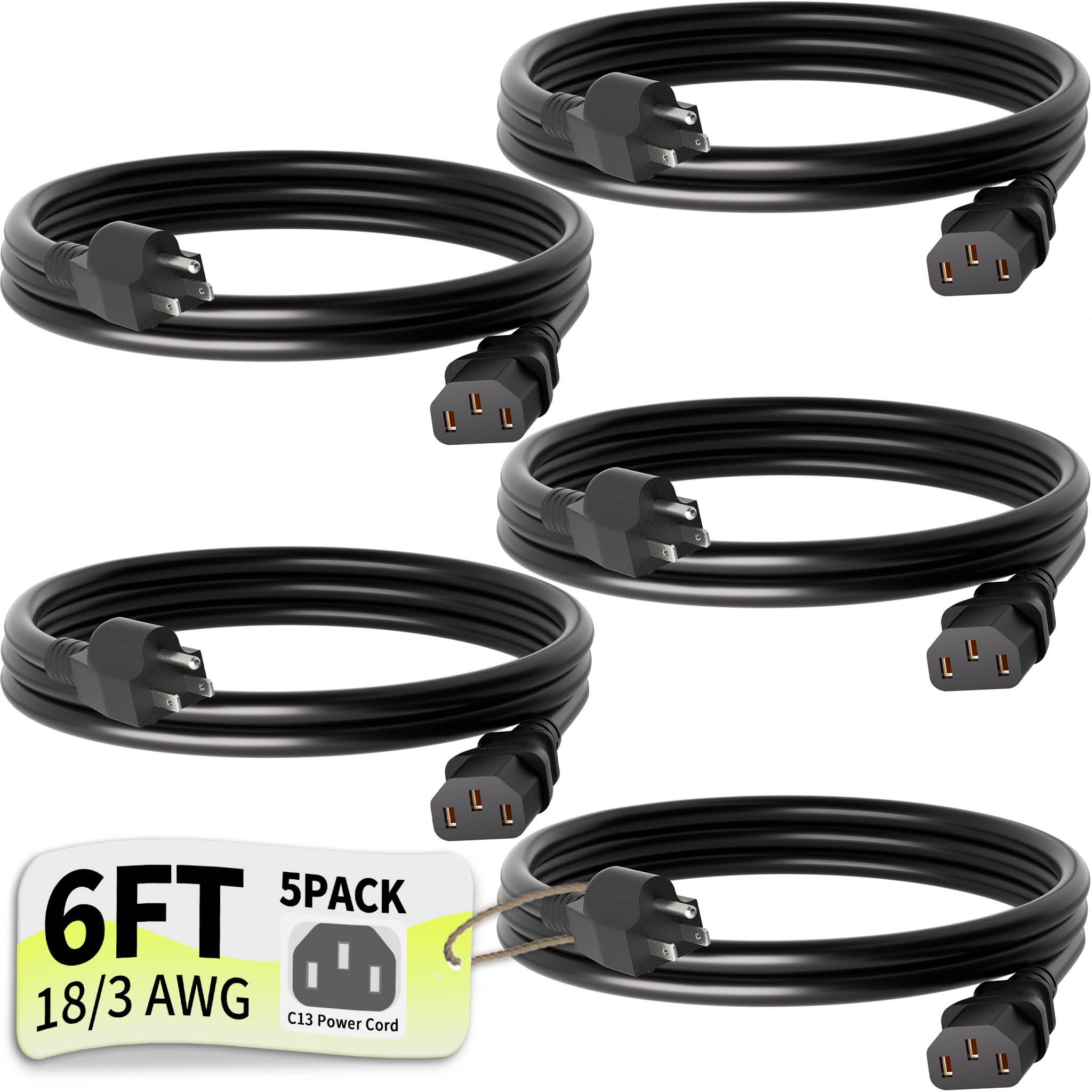 Vockjour Universal 6ft 5 Pack Power Cord, 3-Prong Pure Copper ETL, Black
