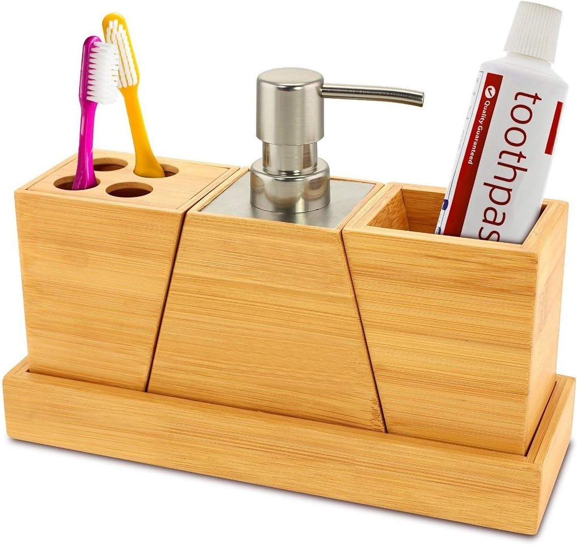 3-in-1 Bamboo Bathroom Kit Soap Dispenser Toothbrush Holder Set