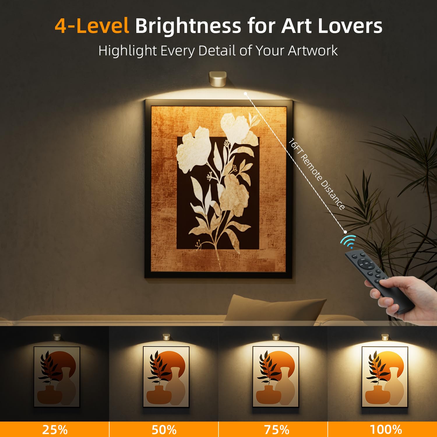 AIFEI Lot de 3 lampes murales pour tableau mural, 4000 mAh, à piles rechargeables avec télécommande, intensité variable, 3 temps de couleur et 8 RVB, éclairage artistique sans fil pour peintures