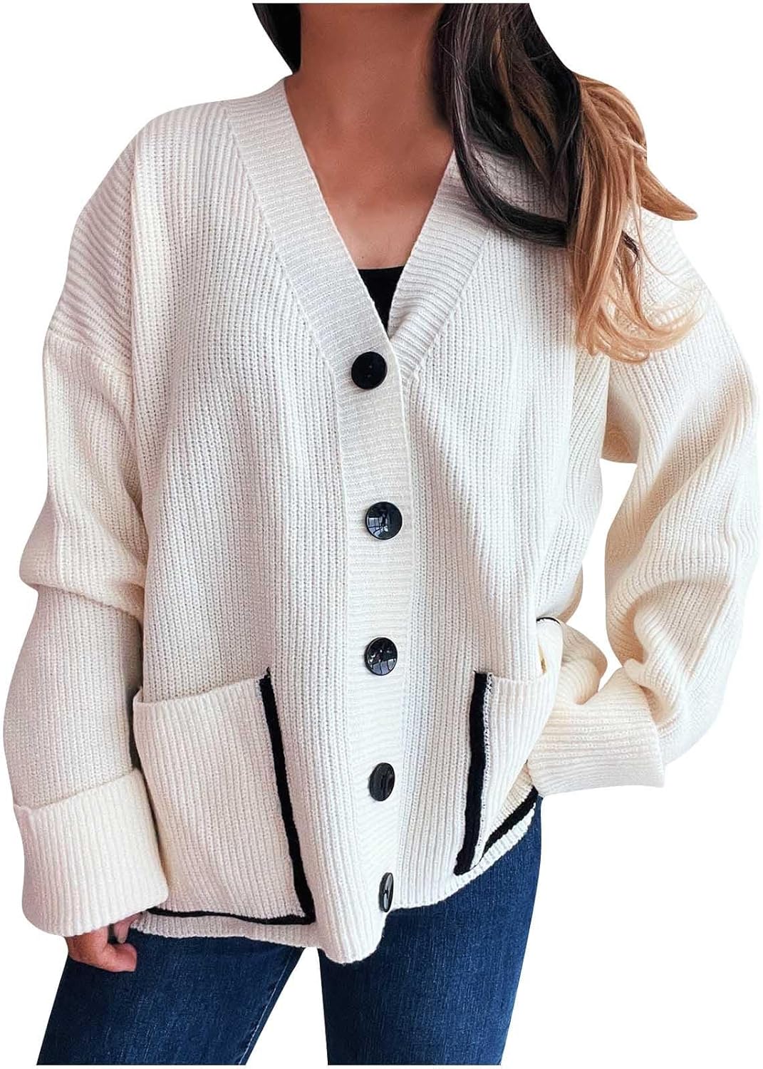 Womens Sweater Cardigan Casual Loose Button Down V Neck Long Sleeve Sweater Jackets with Pockets Fashion Fall Clothing